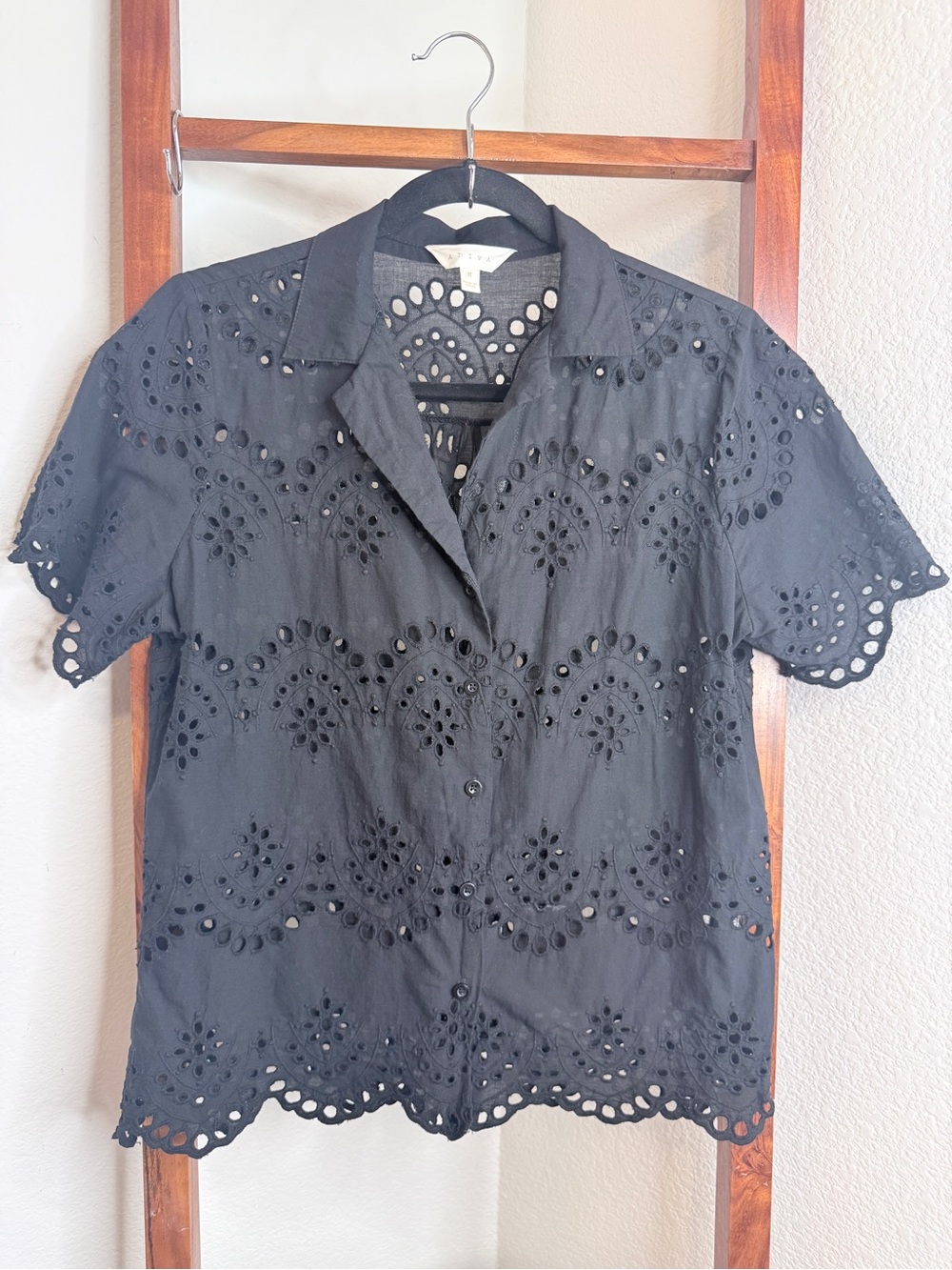 ADIVA Black Cotton Eyelet Embroidered Button Down Shirt Top M